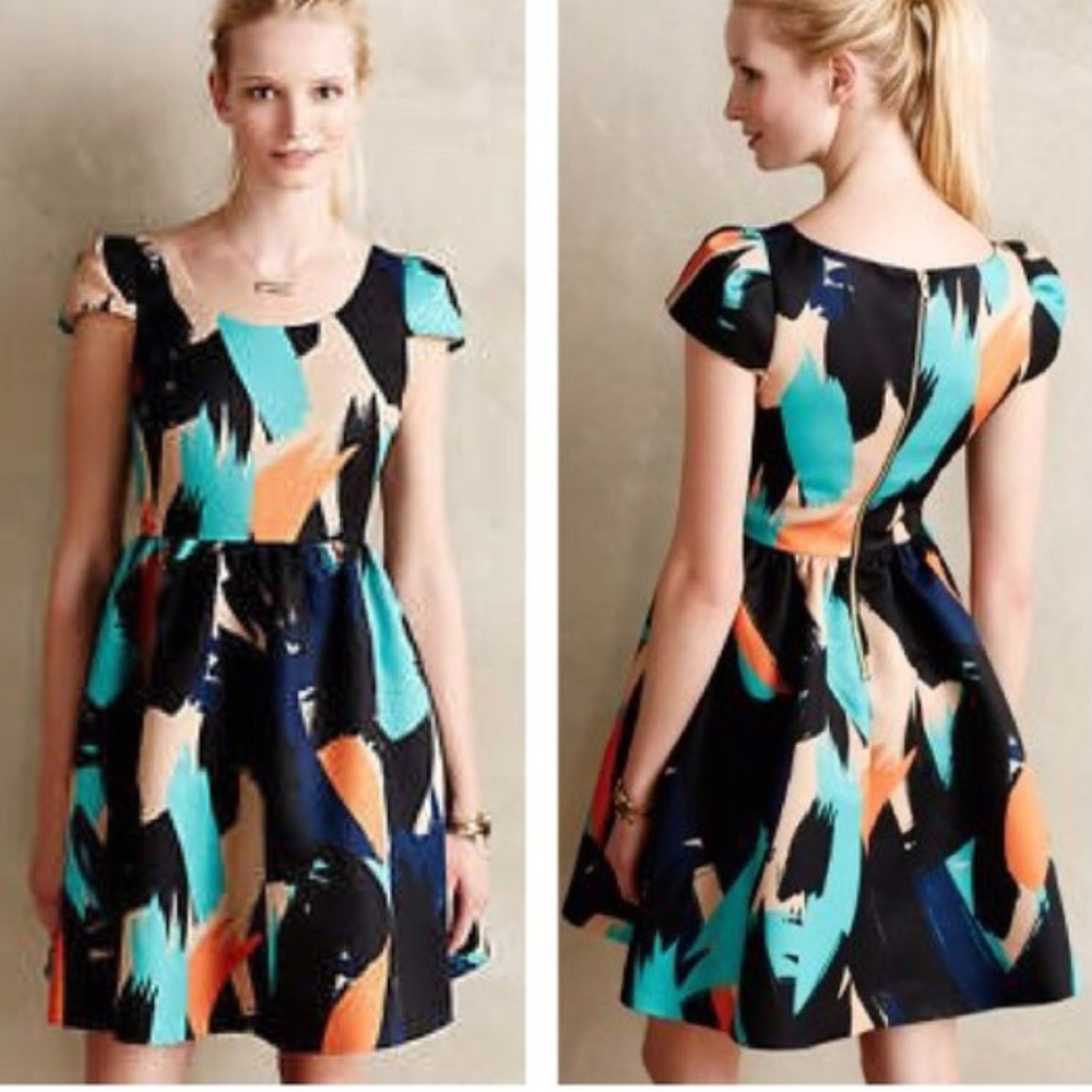Abstract Print Fit-and-Flare Dress in Black and Teal